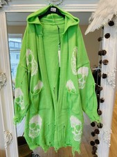 Italy Damen Strickjacke Kapuze Cardigan Jacke Skull Totenkopf 34-46 Grün Neon