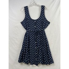 Old Navy Button Front Dress Women Large Navy Blue Polka Dot Sleeveless Tie Waist