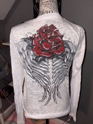 Sinful by Affliction White Burnout Long Sleeve V-Neck Shirt Rose Wings Rhineston