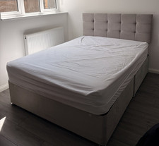 Grey Double Velvet Upholstered Divan Base Bed Frame with Headboard + mattress