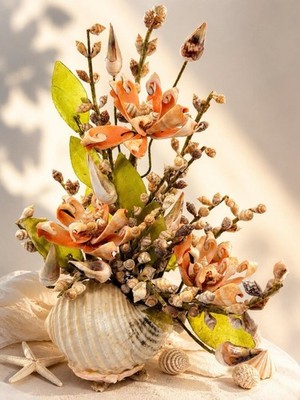 Vintage Seashell Floral In Shell Vase Coastal Beach