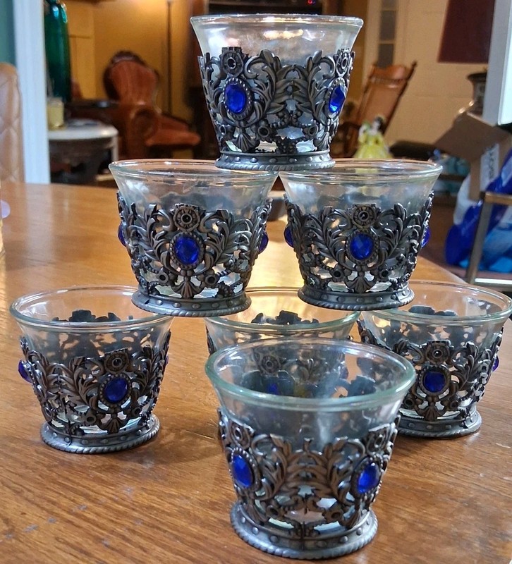 7 Vintage Salt Cellar Glass and Metal Footed With Stone Pedestal Stand Open Salt