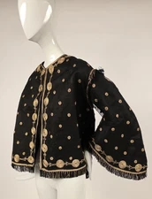 CIVIL WAR 1860’S METALLIC GOLD EMBR BLACK NET PAGODA SLEEVE JACKET W FRINGE