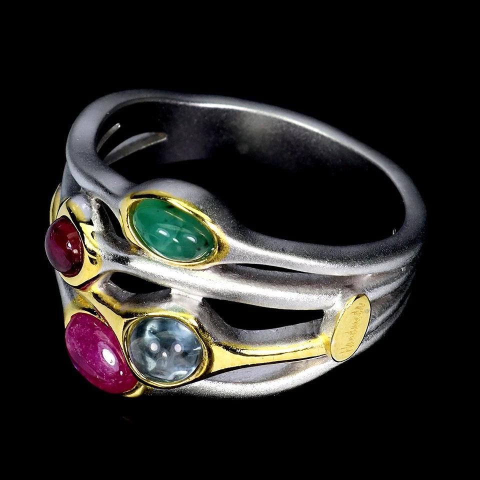 925 Anello Argento Sterling Ovale Smeraldo Topazio Rubino Fatto Gemma Gioielli - Immagine 3 di 4