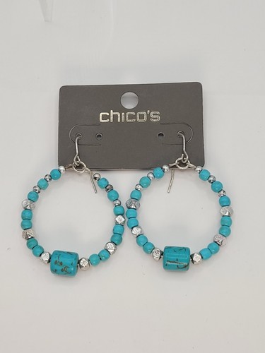 NIP Chico's Turquoise Blue Bead Dangling Hoop Earrings "Aileen Hoop" 2" Drop - Picture 2 of 7