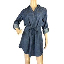 New Look Blue Denim Long Sleeves Tie Waist Popover Chambray Shirt Dress Size M