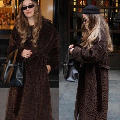 Leopard Print Women Tweed Overcoat Belt Outdoor Streetwear Modern Fashion