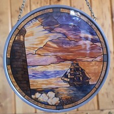 Vintage Stain Glass Suncatcher Ocean/Yacht/Lighthouse 6 inch Decorative