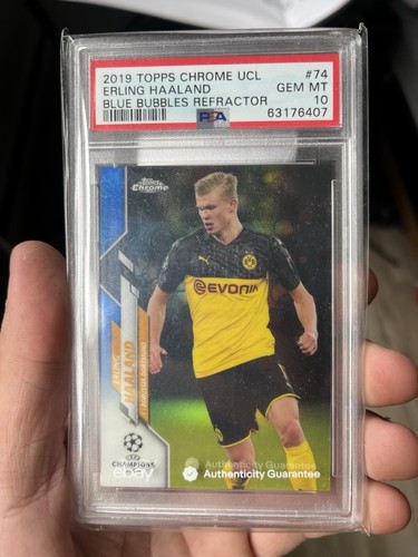 Topps Chrome UCL 2019-20 Erling Haaland #74 Blue Bubbles PSA 10 RC POP 19!