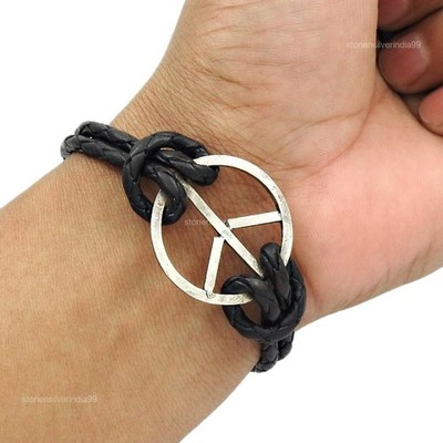 Artisan 925 Solid Sterling Silver Jewelry Cuff Leather Bracelet D13