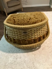 Vintage JC Penny's Woven Sewing Basket With Chenille Floral Top And NOTIONS