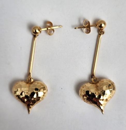 VTG 14k Yellow Gold Hammered, Puffed Heart Dangle, Drop style Stud Earrings - Picture 16 of 16