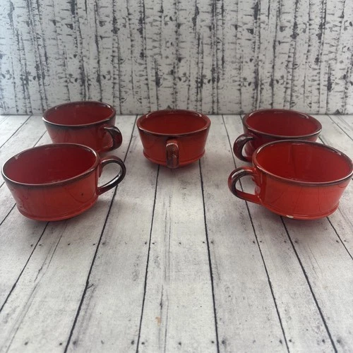 METLOX VINTAGE POPPYTRAIL RED ROOSTER SET OF 5 COFFEE CUPS MUGS