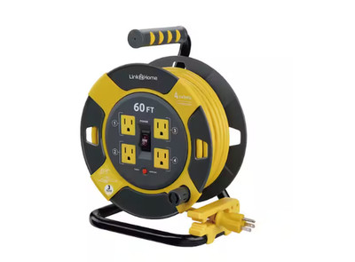 Link2home EM-EL-600-N 60 ft. Extension Cord Reel, 4 Outlets, Circuit Breaker