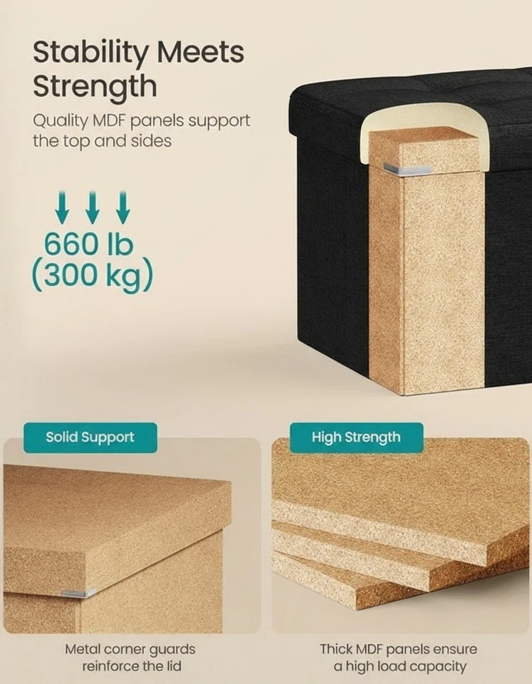 Folding Storage Ottoman Bench Chest Stool with Lid Light MDF Frame Footrest - Image 4 of 4