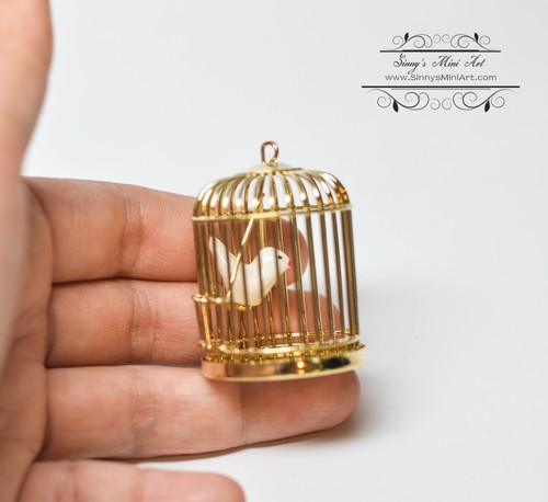 1: 12 Dollhouse Miniature Brass Bird Cage with Bird/Miniature Pet AZ D4751B - Picture 2 of 2