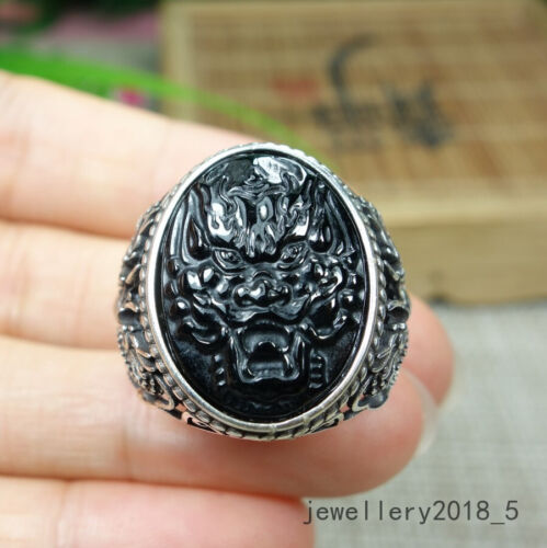 Certified Black Green Burma 100% natural A jadeite jade Dragon Ring 墨翠 龙头戒指 - Picture 8 of 20