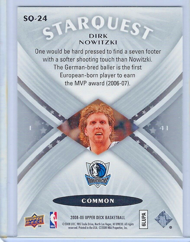 Dirk Nowitzki - 2008-09 Upper Deck Common Starquest Card # SQ-24 - Picture 2 of 2