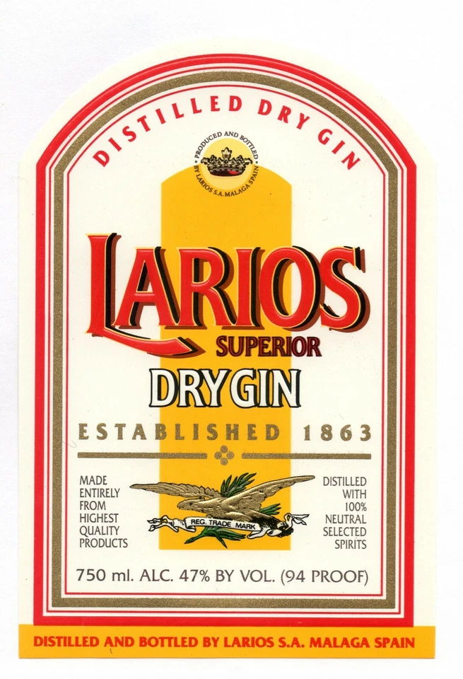 ETIQUETA DRY GIN GINEBRA LARIOS FABRICADA POR LARIOS S.A. MALAGA 120x80mm