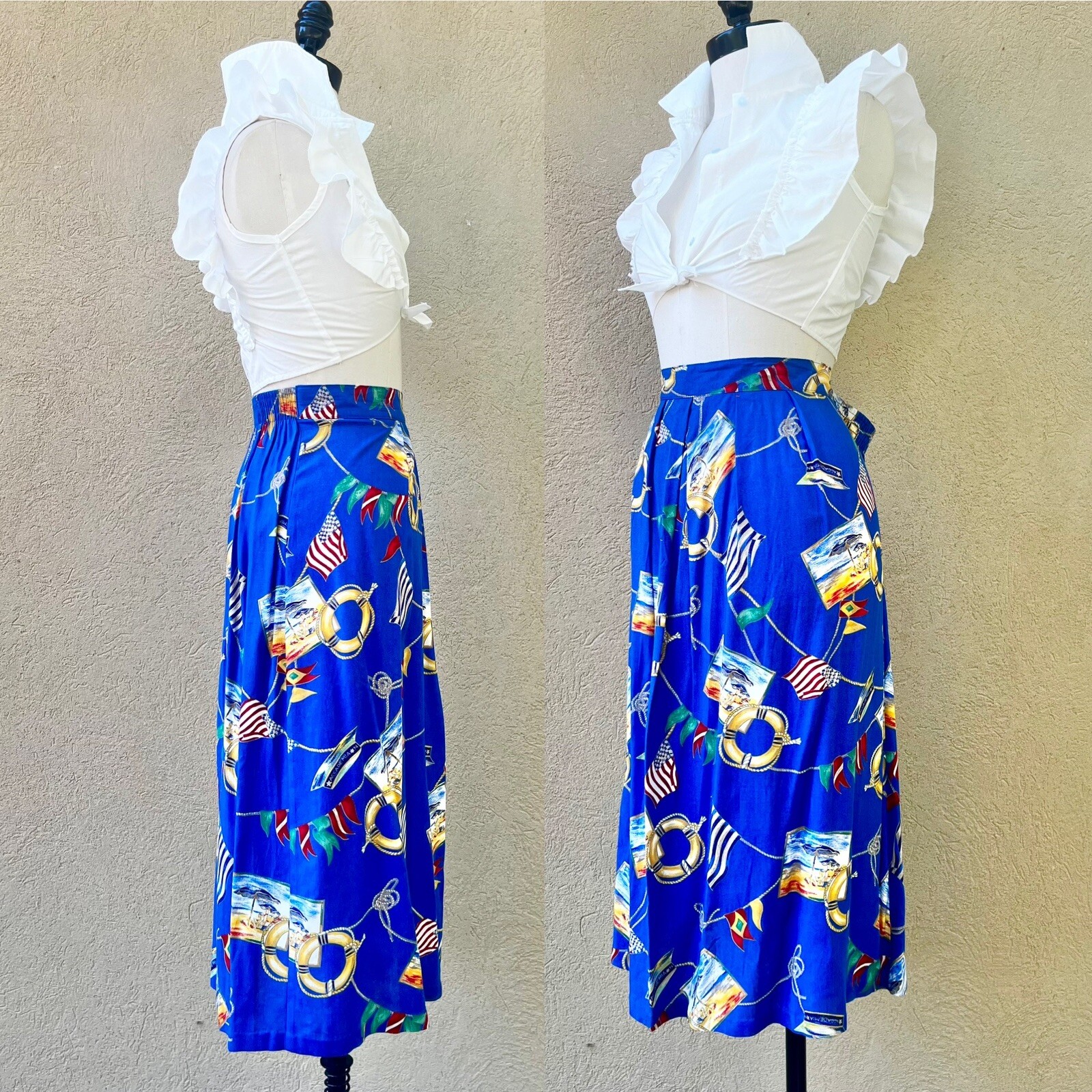 MARITIME NAUTICAL Sailing Yacht 90s 1990’s Vintage Novelty Print Rayon Skirt XL image 2