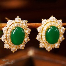 Women's Crystal Flower Earrings Green Jade Dangle Earring Wedding Jewelry Gifts