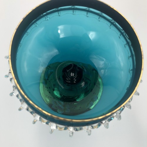 Vintage Bohemia Art Glass Candy Dish Peacock Teal & Gold W Enamel Floral - Picture 8 of 16