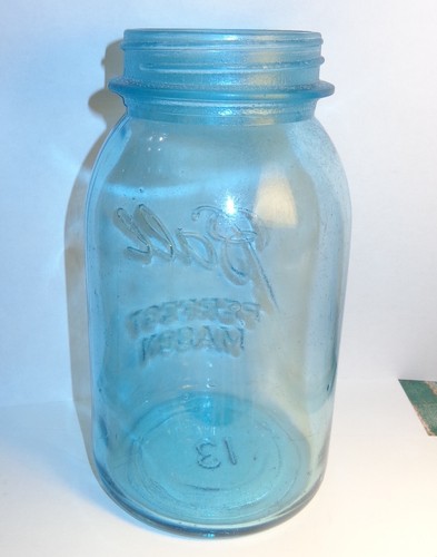 Difícil de encontrar tarro de conservas vintage antiguo #13 bola azul vidrio perfecto cuarto de galón de albañil 1923-1933 - Imagen 12 de 15