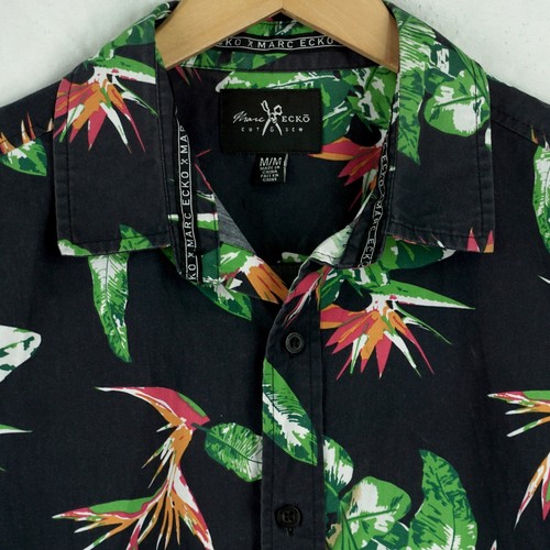 MARC ECKO HAWAIIAN ALOHA SHIRT BLACK GREEN ORCHID FLORAL COTTON BLEND MENS M