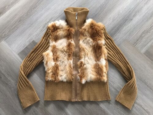 Jennyfer J Rabbit Fur Zip Up Knit Cardigan Sweater Jacket Size M