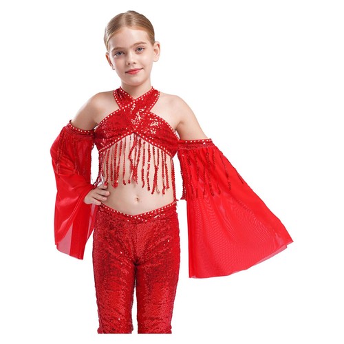 Girls Latin Belly Jazz Dance Sequin Tassel Shiny Long Sleeve Fringe Cross Top - Picture 7 of 38