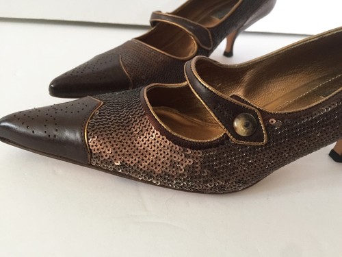 Vintage Prada Paillettenleder Bronze Metallic Kätzchen Absätze Gr. 6 36 - Bild 7 von 8