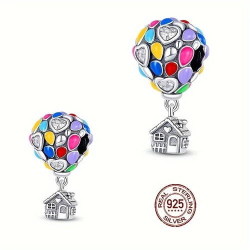 Bracciale Argento Sterling 925 Charm Pendente Perline Mongolfiera Casa Colorato - Foto 4 di 6