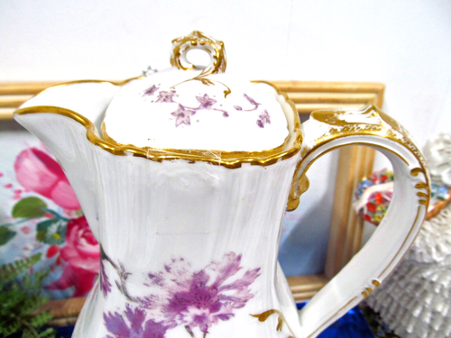Limoges France Pink rose carnation teapot coffee pot thick gold Porcelain 1920 - Picture 3 of 12