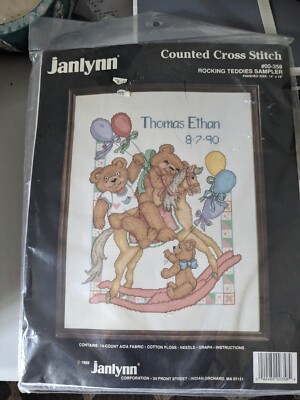 Janlynn Teddy Bears Rocking Horse Baby Birth Record Cross Stitch Kit NIP 14x18''