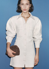 MNG MANGO Puffed Sleeves Mini Shirt Dress XS Cream Knit Button Front NWT Office