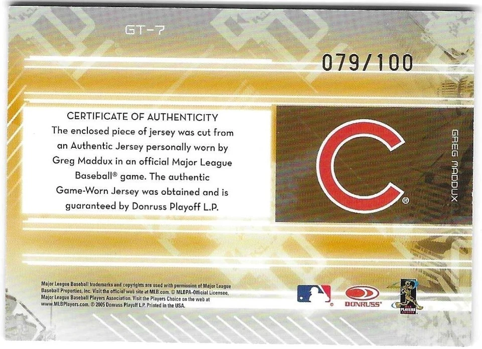 Camiseta deportiva Greg Maddux 2005 materiales certificados hoja equipo dorado espejo #79 de 100! Foto 2 de 2