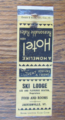 JACKSONVILLE, VERMONT MATCHBOOK COVER: SKI LODGE EMPTY 1940s MATCHCOVER -A