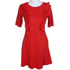 Asos Size 6 Red Ruffle Fit and Flare Mini Dress 1/2 Sleeve Crew Neck Cotton