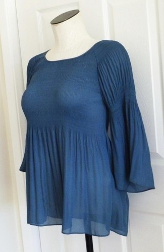 Soft Surroundings Crepe Teal Blue Crinkle-Smock Bell Sleeve Boho Top PS PXS XS S - Picture 6 of 11