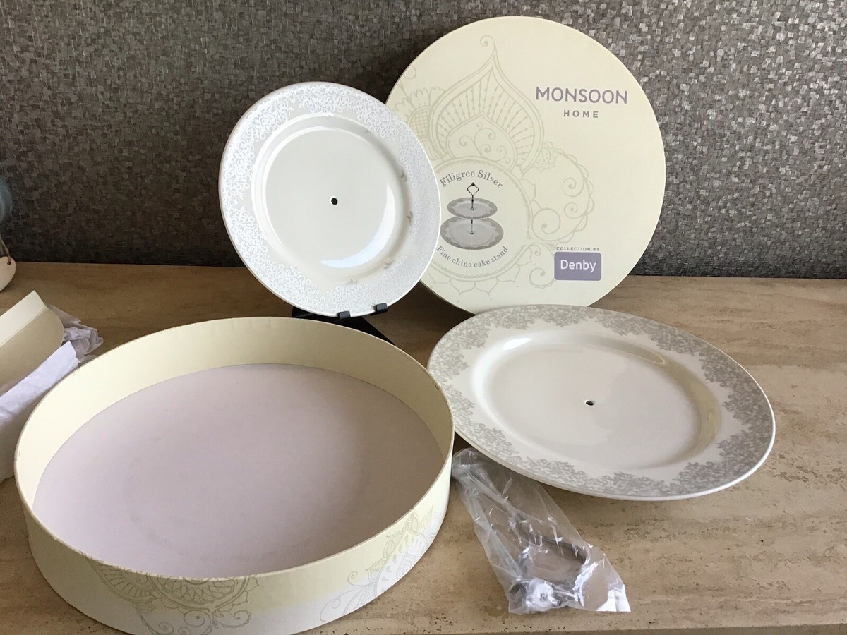 食器 Monsoon  Fine China Cake Stand Monsoon Home Filigree Silver Fine China Cake Stand By Denby | eBay UK