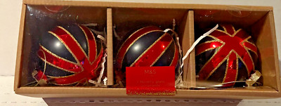 3 M&S christmas UK Flag Ornaments Baubles Glass Target London Marks Spencer ball