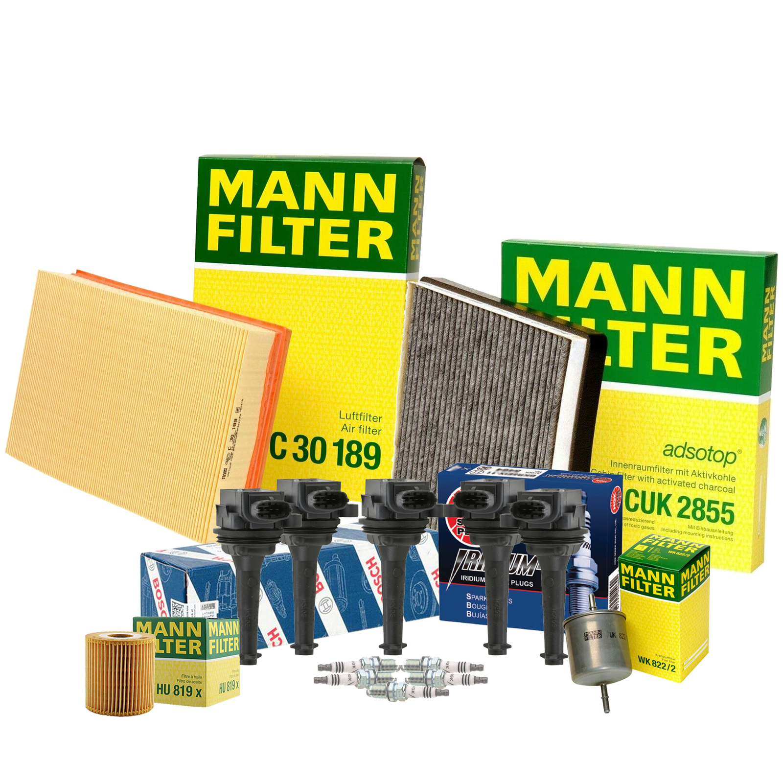 Mann Filters Bosch 5 Coils NGK 5 IridiumIX Spark Plugs TuneUp Kit For Volvo DOHC