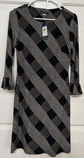 NWT Tommy Hilfiger size 4 black brown stripe 3/4 Bell Sleeve slinky sheath Dress
