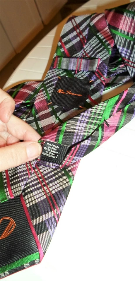 Corbata de seda a cuadros Ben Sherman rosa/negro/verde/púrpura cinta nueva sin etiquetas Foto 4 de 4