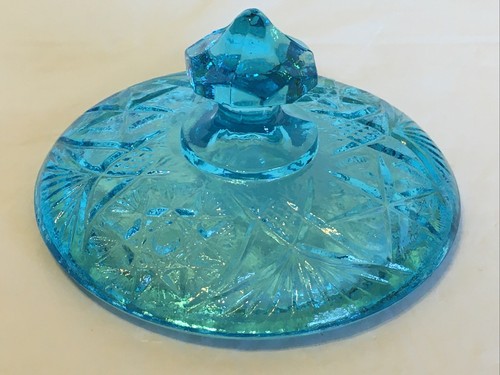 Kemple Aqua Blue Glass Yutec Star 108 Small Covered Biscuit Jar - Glows 365 UV - Picture 20 of 24