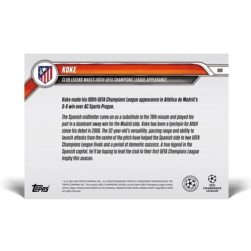 TOPPS NOW 24-2025 UCC CHAMPIONS LEAGUE #056 KOKE ATLETICO MADRID PREORDER - Foto 2 di 2