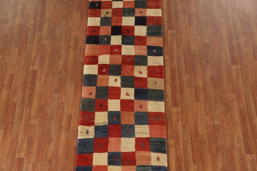 Excellent Vintage Gabbeh Tribal Checked Runner Rug 3'x9' Wool Handmade Carpet - Picture 3 of 12