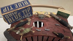 Vintage MAINE fishing creel basket, hand lines, weights, hooks and matchboxes