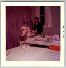 Vtg Color Snapshot Bride Groom Opening Wedding Gifts Presents Reception Party