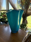 Turquoise Cased Murano Italy Glass Vase W/White Sommerso Interior Circa 1960 15”